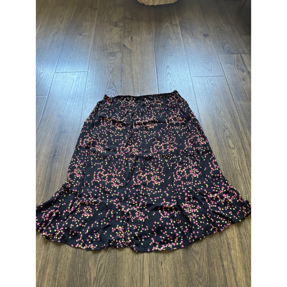 Vintage ZOE Floral Starburst Midi Skirt Black Pink Yellow Ruffle Hem XL 5802